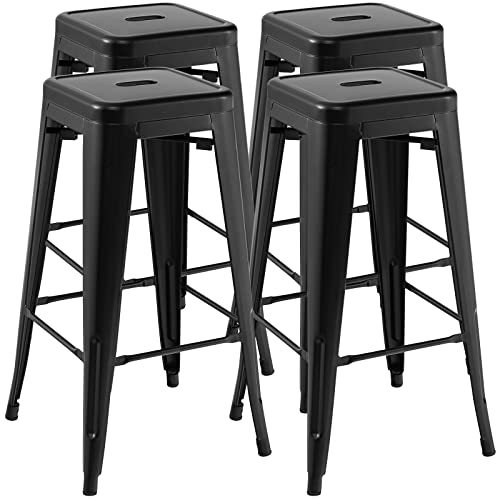 COSTWAY Bar Stools Set of 4, 30Ó Bar Height Metal Stools with Rubber Footpads & Handling Hole, X-Shaped Reinforced Design, Stackable Stools, for Kitchen, Dining Room, Pub (Black, 30ÔÕ)