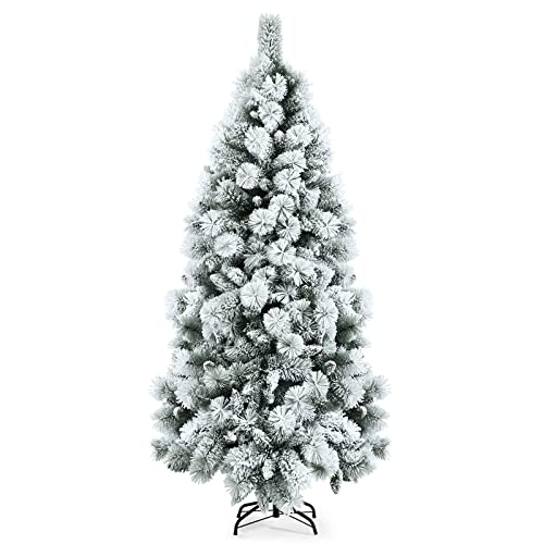 COSTWAY 6ft Snow Flocked Hinged Artificial Slim Christmas Tree w/Pine Needles