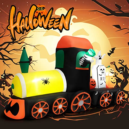 COSTWAY 8ft Long Halloween Inflatable Skeleton Ride on Train LED Lighted Halloween Decor