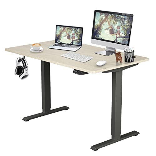 COSTWAY Dual Motor Electric Stand Up Desk, Height Adjustable Standing Desk w/Solid One-Piece Desktop & Memory Controller, Home Office Sit-to-Stand Computer Workstation (Natural+Black, 48''X30'')