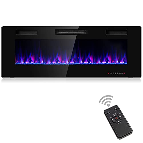 COSTWAY 50-Inch Electric Fireplace, 750W/1500W Wall Recessed and Mounted Fireplace Insert with Remote Control, 12 Flame Colors, 5 Brightness Settings, 8 H Timer, Fireplace Heater for Indoor Use