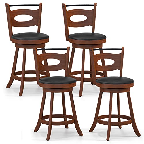 COSTWAY Bar Stools Set of 4, 24Ó Swivel Counter Height Bar Stools with Curved Backrest & Round Seat Cushions, Extra Footrests & Anti-Slip Foot Pads, for Kitchen Islands, Brown (4, 24 inch)