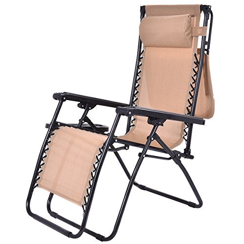 Costway Beige Folding Recliner Zero Gravity Lounge Chair With Shade Canopy &Cup Holder