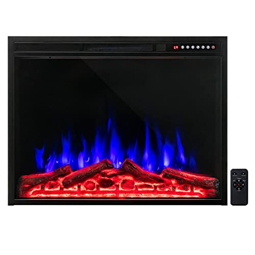 COSTWAY 34-Inch Electric Fireplace, Wall-Mounted and Recessed Fireplace Heater with 4 Flame and Log Colors, 5-Level Flame Speed and Brightness, Remote Control, 8H Timer, Overheat Protection, 1500W