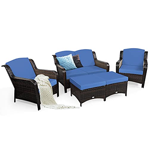 COSTWAY 5PCS Patio Rattan Furniture Set Loveseat Sofa Ottoman Navy Cushion