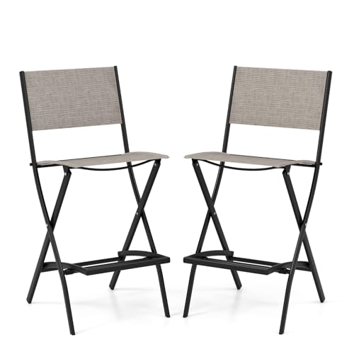 COSTWAY Outdoor Patio Bar Chair Set of 2, Folding Bar Height Stool with Metal Frame & Footrest, Patio Bar Stool for Balcony, Garden & Poolside (2, Coffee)