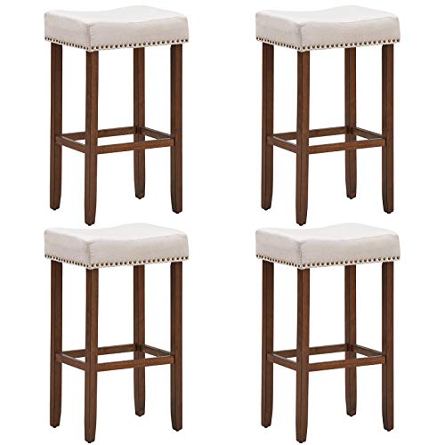 COSTWAY Counter Height Bar Stools Set of 4, 29-inch Height Backless Saddle Stools with Brass Nailhead Trim, Thick Cushion, Solid Wood Legs, Modern Bar Stools for Kitchen Island Bistro, Beige