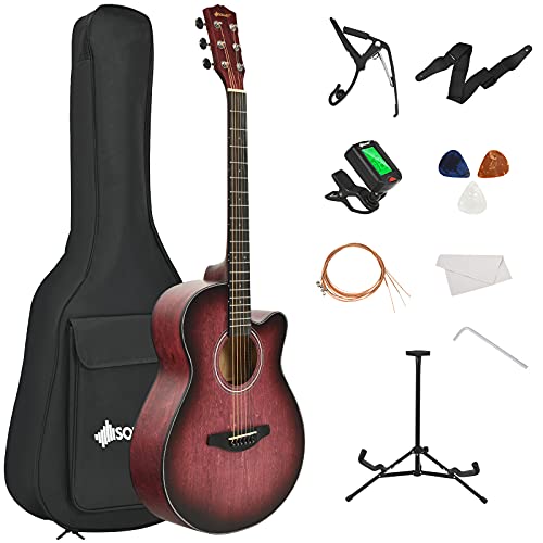 COSTWAY 40" Full Size Acoustic Guitar Kit, 6 String Cutaway Folk Guitarra Bundle with Gig Bag, Tuner, Picks, Strap, Extra Strings, Truss Rod, Capo, Stand, Clean Cloth, for Beginner (Red)