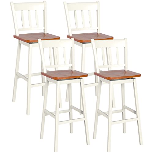 COSTWAY Bar Stools Set of 4, 30.5 Inch Solid Rubber Wood Bar Chairs with 360 ¡Swiveling, Footrest, Swivel Pub Height Barstools with Back Ideal for Kitchen Island, Counter, Pub(Set of 4, White)