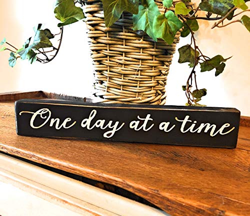 Handmade in USA One Day At A Time Primitive Box Sign, Rustic Decor (9.5 x 1.5 Inches) (Black)