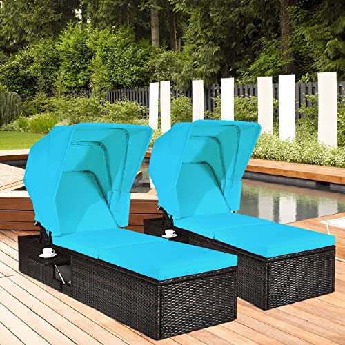 COSTWAY 2PCS Patio Rattan Lounge Chair Chaise Cushioned Top Canopy Adjustable