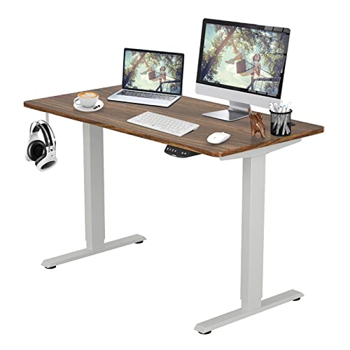 COSTWAY Dual Motor Electric Stand Up Desk, Height Adjustable Standing Desk w/Solid One-Piece Desktop & Memory Controller, Home Office Sit-to-Stand Computer Workstation (White + Walnut, 48''X24'')