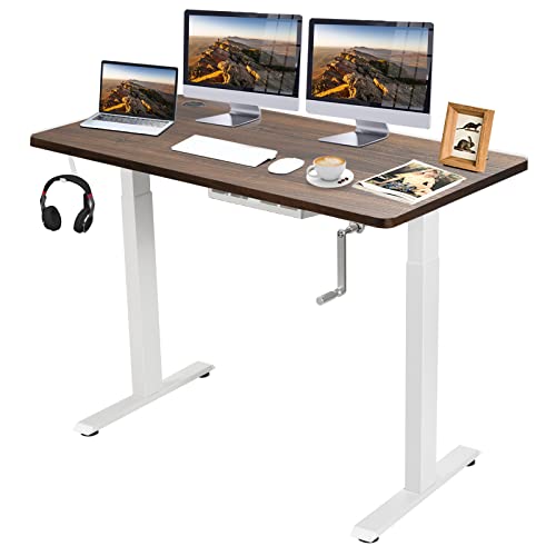 COSTWAY Crank Height Adjustable Standing Desk, with Folding Crank, Headphone Hook & Cable Tray, 48 Inch Stand up Computer Workstation w/Solid One-Piece 1" Table Top for Home & Office (White+Mahogany)