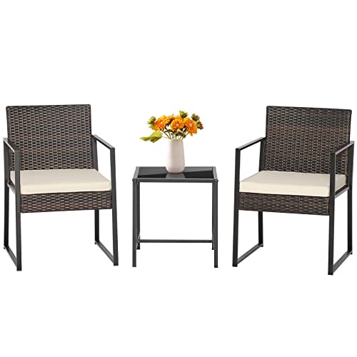 COSTWAY 3pcs Patio Furniture Set Heavy Duty Cushioned Wicker Rattan Chairs Table Outdoor