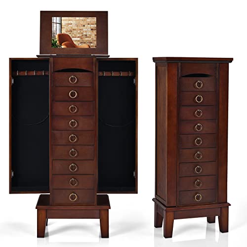 COSTWAY Standing Jewelry Cabinet, Wooden Jewelry Storage Chest with 9 Drawers, 2 Side Doors & Flip Top Mirror, Bedroom Jewelry Armoire with Top Divided Compartments