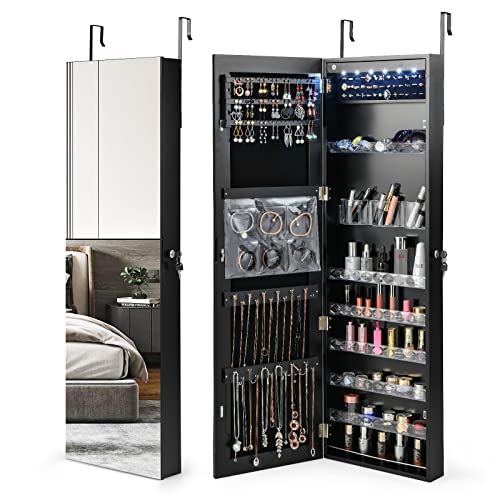 COSTWAY 6 LEDs Mirror Jewelry Cabinet, Wall Door Mounted Jewelry Storage Organizer with 47Ó Full-Length Mirror, Large Capacity Lockable Jewelry Armoire with Storage Shelves for Bedroom (Black)