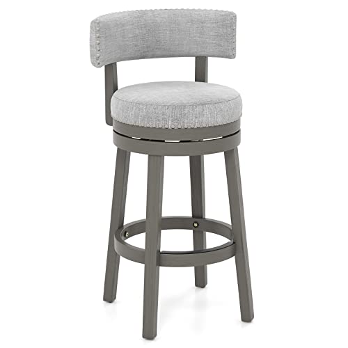 COSTWAY Bar Stool, 31-inch Modern 360¡ Swivel Barstool with Upholstered Back & Seat, Solid Rubber Wood Legs & Round Footrest, Farmhouse Bar Height Chair for Home, Bar, Cafe, Grey (1, Seat height 31ÔÕ)