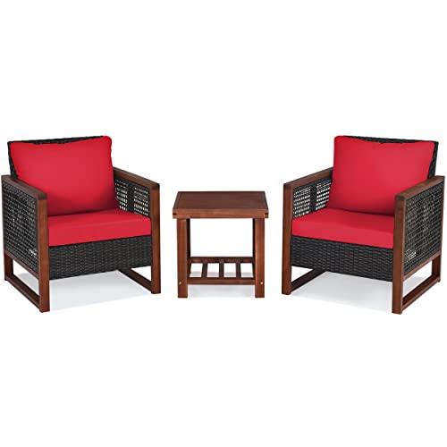 COSTWAY 3PCS Patio Wicker Furniture Set Cushion Sofa Square Table Shelf Red