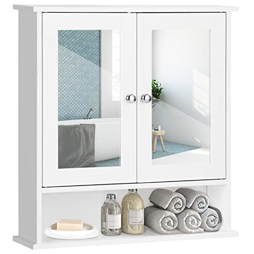 COSTWAY Bathroom Cabinet Wall Mounted - Over The Toilet Wall Storage Cabinet with 2 Mirror Doors and Adjustable Shelf, Hanging Medicine Cabinet for Bathroom, Living Room, Kitchen (White)