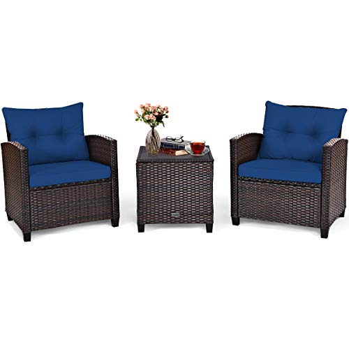 COSTWAY 3PCS Patio Rattan Furniture Set Cushioned Conversation Set Coffee Table Blue