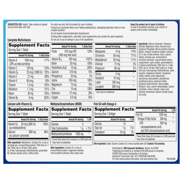 Centrum Wellness Packs Daily Vitamins for Men in 50s, Multivitamin, Calcium Carbonate 600mg with Vitamin D3, Fish Oil 1200mg with Omega-3, MSM 1000mg