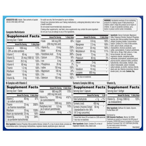 Centrum Wellness Daily Vitamins for Men in Their 20s Men's Vitamins with Complete Multivitamin, Vitamin Bcomplex, Vitamin D3 25mcg Turmeric Complex