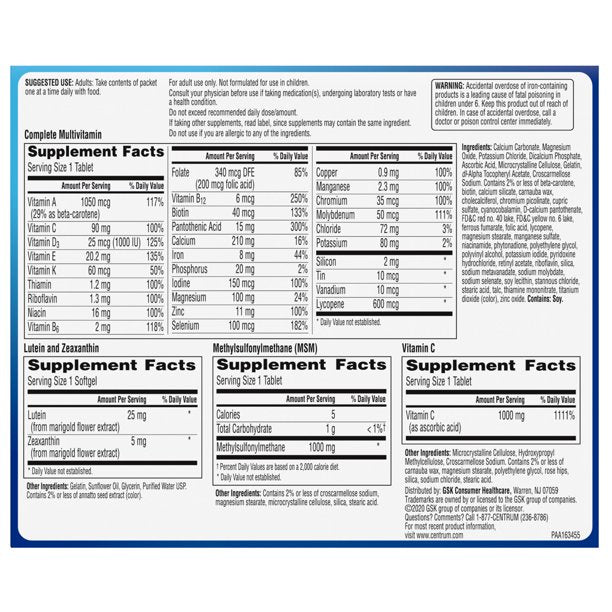Centrum Wellness Packs Daily Vitamin C 1000mg, Lutein 25mg and MSM 1000mg with a Complete Multivitamin for Men in Their 40s, 1 Month Supply, 30 Count