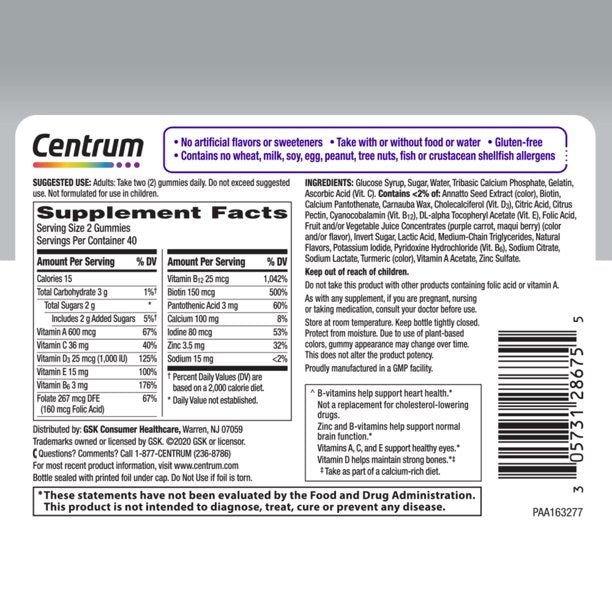 Centrum MultiGummies Gummy Multivitamin for Women 50 Plus, with Vitamin D3, B6 and B12, Multivitamin/Multimineral Supplement - 80 Count