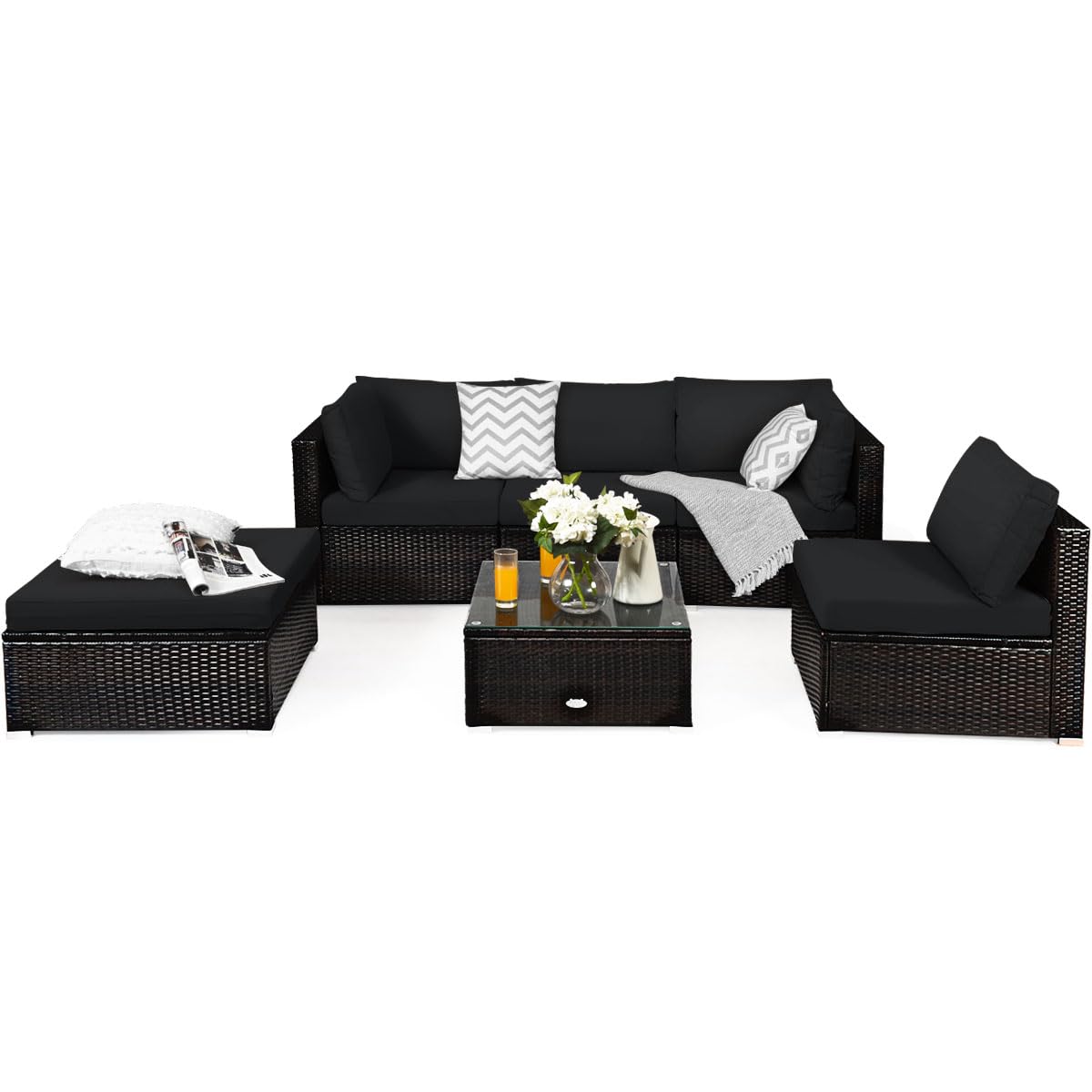 COSTWAY 6PCS Outdoor Patio Rattan Furniture Set Cushioned Sectional Sofa Black