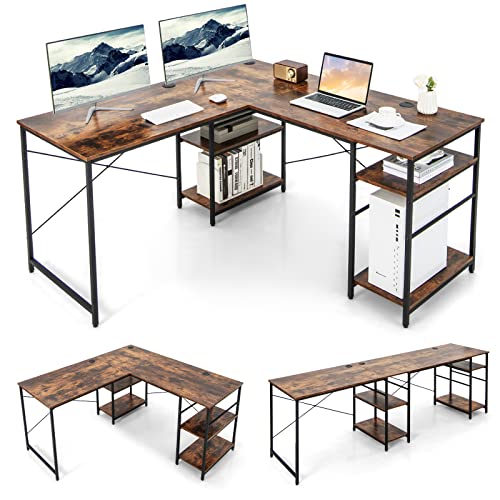 COSTWAY L-Shaped Corner Desk, Convertible Computer Desk with 4-Tier Shelves & 3 Cable Holes, Modern Gaming Writing Workstation, 95 Inch 2-Person Long Computer Desk for Home Office (Rustic Brown)