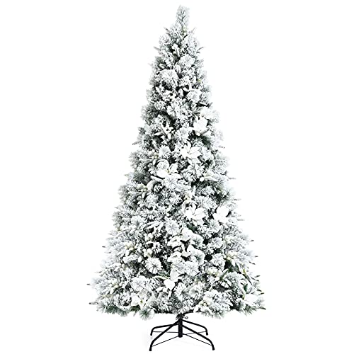 COSTWAY 7ft Snow Flocked Hinged Christmas Tree w/Berries & Poinsettia Flowers