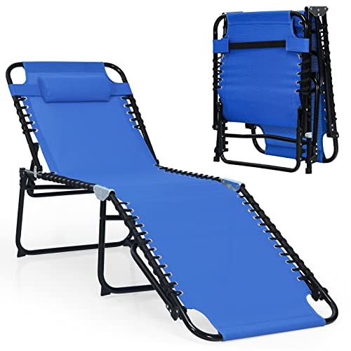 COSTWAY Folding Lounge Chaise 16" High Recline Chair W/Adjustable Backrest and Footrest Navy