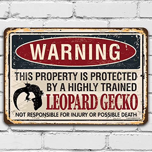 Warning Property Protected By Leopard Gecko - Metal Sign - Classic Patio Decoration Outdoor Wall Art, Entryway and Backyard Display, 12x18 Use Indoors or Outdoors Durable Rustic Metal Sign