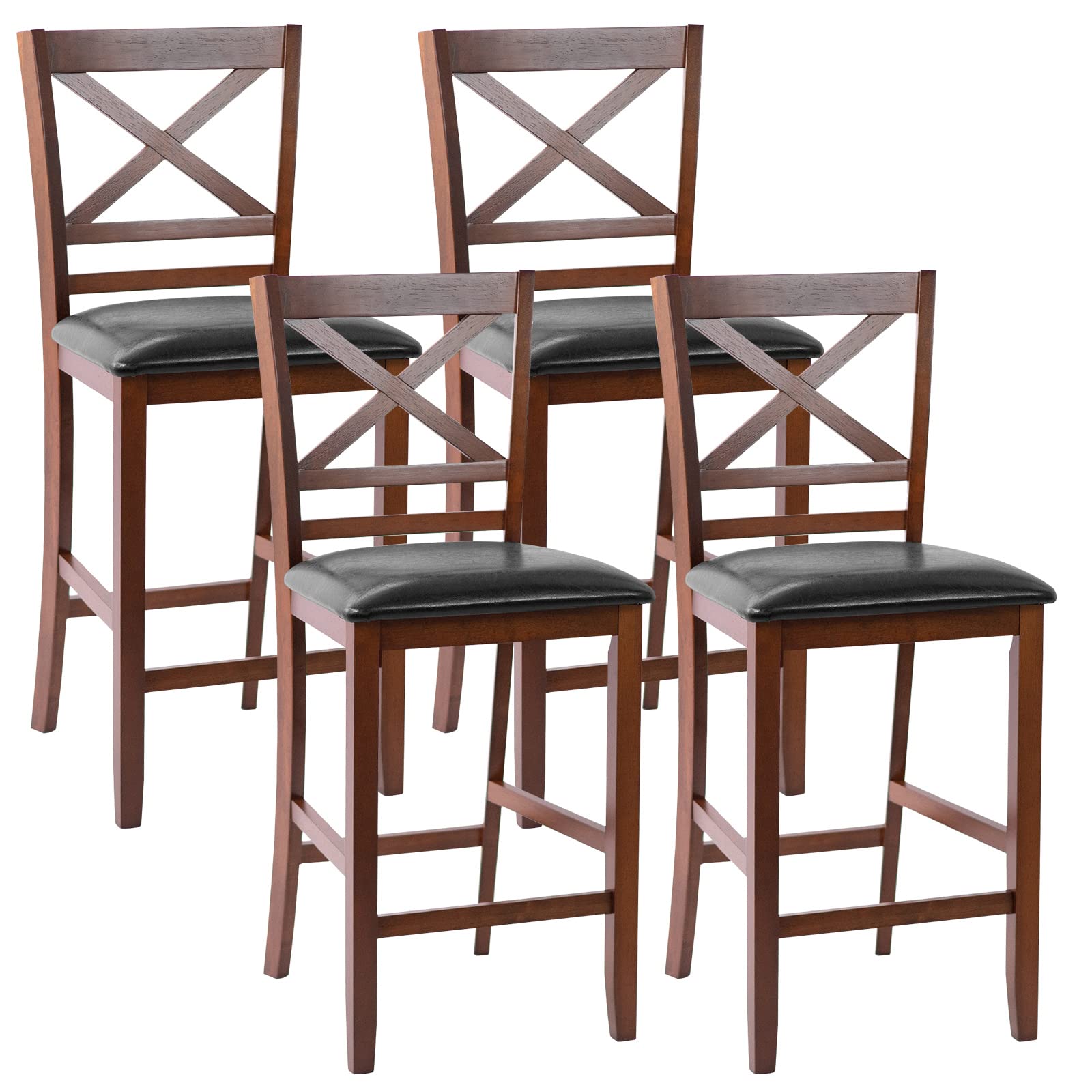 COSTWAY Bar stools Set of 4, Modern 25Ó Counter Height Dining Pub Stools with X-Shaped Backrest, Soft Cushion & Durable PU Seat, Simplistic Armless Kitchen Chairs for Home, Cafe Store, Restaurant (4)