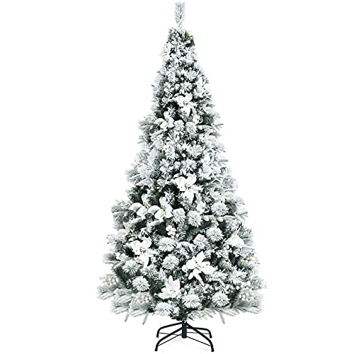 COSTWAY 6ft Snow Flocked Hinged Christmas Tree w/Berries & Poinsettia Flowers