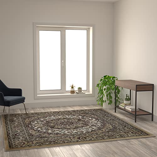 Flash Furniture Mersin Collection Persian Style Area Rug - Olefin Ivory Non-Shedding Fibers - 7' x 7' Square - Jute Backing - Hallway, Entryway, Bedroom, Living Room