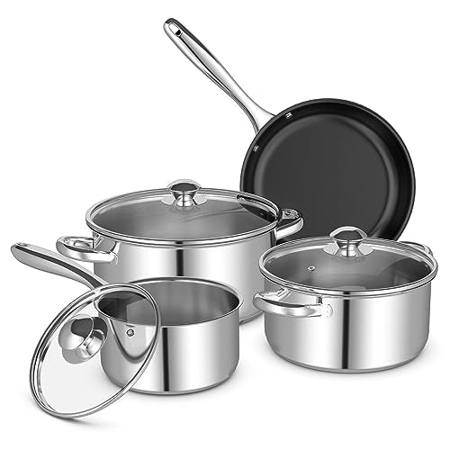 COSTWAY Stainless Steel Cookware Set, 7 Piece Pots and Pans Set with 5.5 QT Stock Pot, 3 Ply Fry Pan, Tempered Glass Lid with Steam Vent, Oven Safe & PFOA Free, Nonstick Cookware Set for Kitchen