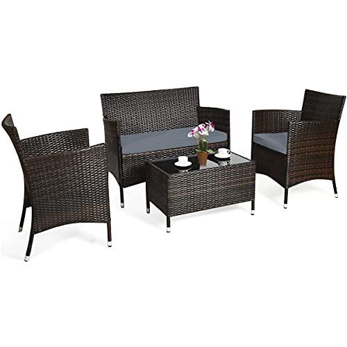 COSTWAY 4PCS Rattan Patio Furniture Set Cushioned Sofa Chair Coffee Table Grey