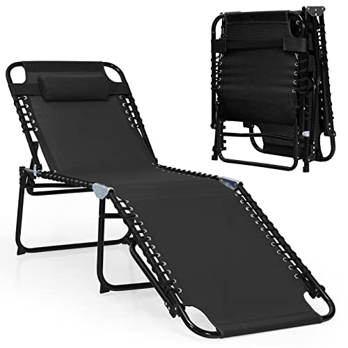 COSTWAY Folding Lounge Chaise 16" High Recline Chair W/Adjustable Backrest and Footrest Black