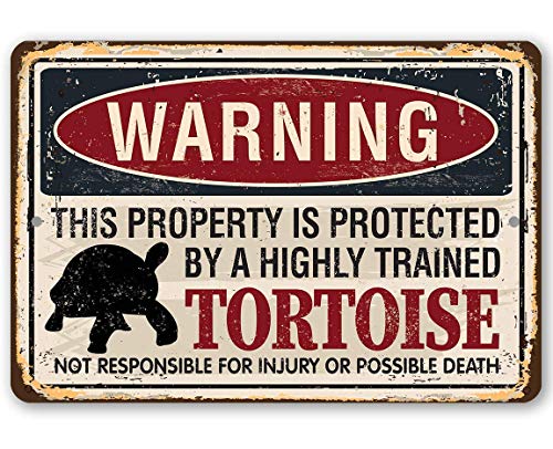 Warning Property Protected By Tortoise - Classis Sea Turtle Decor and Tortoise Sign, No Trespassing Signage, Turtle Tank Accessories and Gift, 8x12 Indoors/Outdoors Durable Rustic Metal Sign