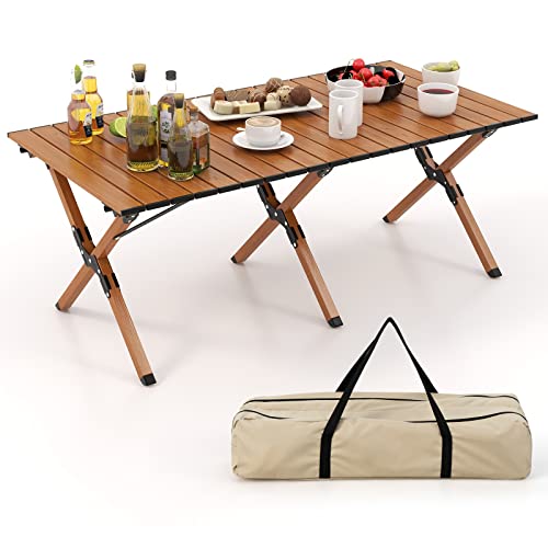 COSTWAY Folding Picnic Table, Roll-Up Aluminum Camping Table with Wood Grain, Portable Low Height Beach Table with Carry Bag for Camping, Picnic, BBQ & Hiking, Easy Assembly, Natural (47Ó x 23Ó x 18Ó)