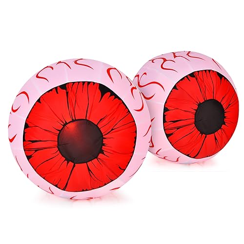 COSTWAY 2 Pack 3 FT Halloween Inflatable Eyeballs W/Air Blower, Red LED Lights, Light-Up Bloodshot Eyeballs