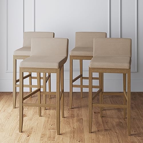 Nathan James Gracie Modern Bar Stool with Back, Cushioned Bar Height Stool with Natural Flax Upholstery and Brushed Wooden Legs, Natural Flax/Brown, Set of 4