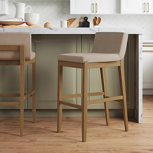 Nathan James Gracie Modern Bar Stool with Back, Cushioned Bar Height Stool with Natural Flax Upholstery and Brushed Wooden Legs, Natural Flax/Brown