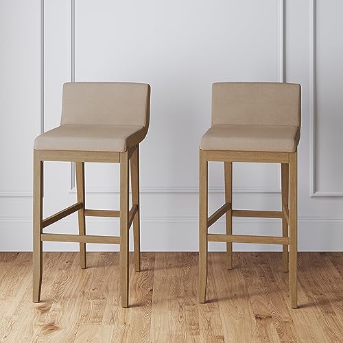 Nathan James Gracie Modern Bar Stool with Back, Cushioned Bar Height Stool with Natural Flax Upholstery and Brushed Wooden Legs, Natural Flax/Brown, Set of 2