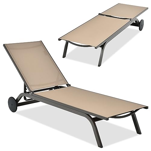 COSTWAY Outdoor Patio Chaise Lounge,Ê6-Position Adjustable Lounge Recliner with Stable Aluminum Frame, Portable Outdoor Sun Bathing Lounge Chair on Wheels for Patio Poolside Backyard Garden, Brown