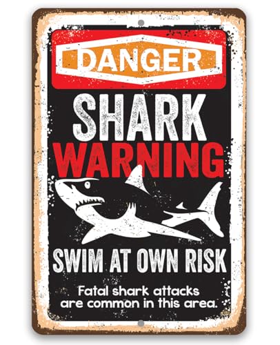 Shark Warning Swim at Own Risk - Beach Sign Metal Sign - Great for Beaches and Poolside Areas, Coastal and Nautical Wall Accessories and Gift, 8x12 Indoors/Outdoors Durable Rustic Metal Sign