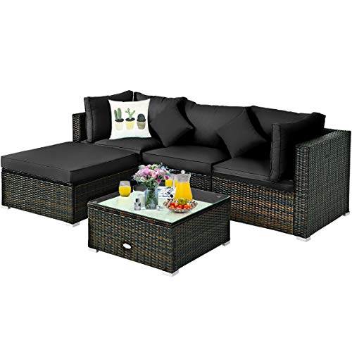 COSTWAY 5PCS Outdoor Patio Rattan Furniture Set Sectional Conversation Black Cushion