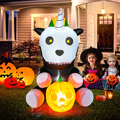 COSTWAY 5FT Inflatable Halloween Unicorn Skeleton Holding Pumpkin for Yard w/LED Lights