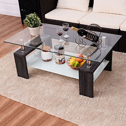 COSTWAY Black Rectangular Tempered Glass Coffee Table w/Shelf Wood Living Room Furniture